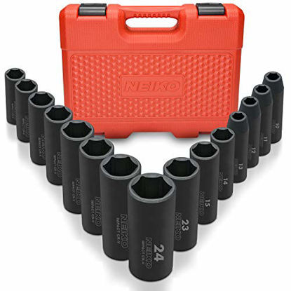 Picture of Neiko 02474A 1/2" Drive Deep Impact Socket Set, 15 Piece | 6 Point Metric Sizes (10-24 mm) | Cr-V Steel