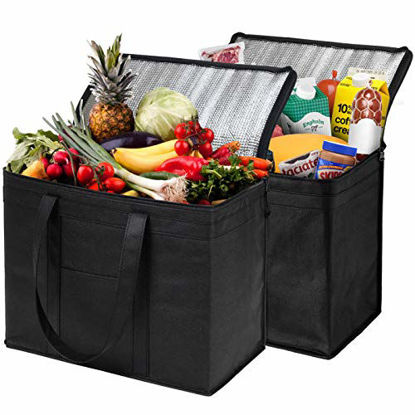 Picture of NZ Home XL Insulated Shopping Bags for Groceries or Food Delivery, Sturdy Zipper, Foldable, Washable, Heavy Duty, Stands Upright, Completely Reinforced Bottom (2 Pack, Black)