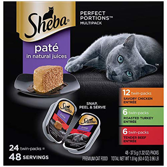 Picture of SHEBA Perfect Portions Soft Wet Cat Food Paté in Natural Juices Savory Chicken, Roasted Turkey, & Tender Beef Entrées Variety Pack 2.6 Oz. (24 Twin Packs)