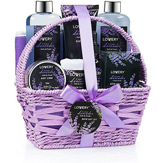 Picture of Home Spa Gift Basket, 9 Piece Bath & Body Set for Women and Men, Lavender & Jasmine Scent - Contains Shower Gel, Bubble Bath, Body Lotion, Bath Salt, Scrub, Massage Oil, Loofah & Basket