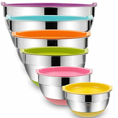 Picture of Mixing Bowls with Airtight Lids, 6 piece Stainless Steel Metal Bowls by Umite Chef, Colorful Non-Slip Bottoms Size 7, 3.5, 2.5, 2.0,1.5, 1QT, Great for Mixing & Serving