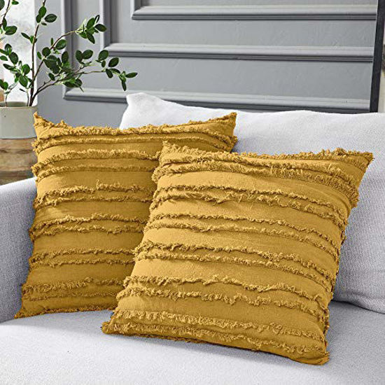 Picture of Longhui bedding Mustard Yellow Cotton Linen Throw Pillow Covers for Couch Sofa Bed, Decorative Throws Cushion Covers, 18 x 18 inches, Set of 2