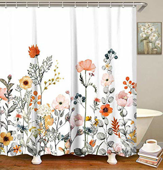 Picture of LIVILAN Fabric Floral Shower Curtain Set with 12 Hooks Watercolor Decorative Bath Curtain Modern Bathroom Accessories, Machine Washable, Multi-Color Botanical Flowers and Leaves, 72" X 72"