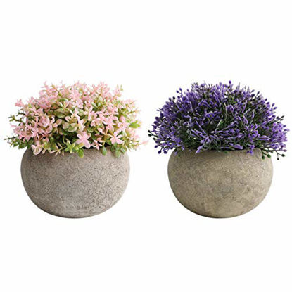 Picture of THE BLOOM TIMES 2 PCS Small Fake Plants for Bathroom Home Farmhouse Decor, Mini Artificial Potted Flowers Plastic Faux Topiary Indoor Office Table Desk Shelf Decoration