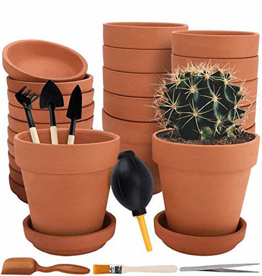 Picture of Nilos 12 Pack Terra Cotta Pots with Saucer - 12Pcs 3 inches Clay Pots with 7Pcs Succulent Tools Mini Flower Pot Planters for Succulent Display, Indoor, Outdoor