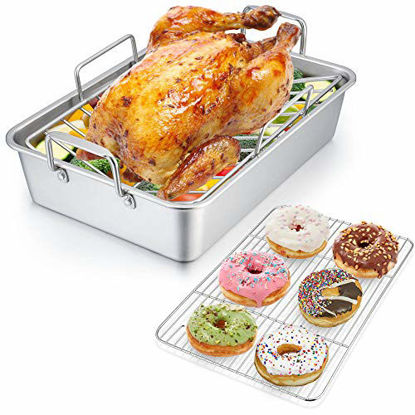 Picture of Roasting Pan with Rack, P&P CHEF 14 Inch Stainless Steel Roaster Lasagna Pan & V-shaped Rack & Roasting Rack, Non Toxic & Heavy Duty, Brushed Surface & Dishwasher Safe, Rectangular