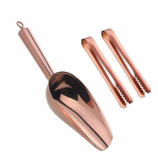 Picture of Mingcheng Stainless Steel Ice Scoop and Ice Tongs Small, Round Bottom Bar Ice Utility Scoop, 6 Inches Serving Tongs with Teeth for Large Cubes, Freezer, Ice Bucket Copper, Set of 3 (Rose Gold)