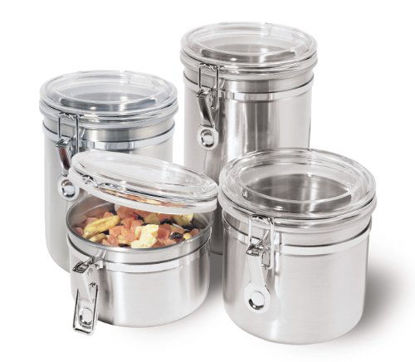 Picture of Oggi 4-Piece Stainless Steel Canister Set with Acrylic Lid and Clamp-Set Includes 1 each: 26oz, 36oz, 47oz, 62oz.