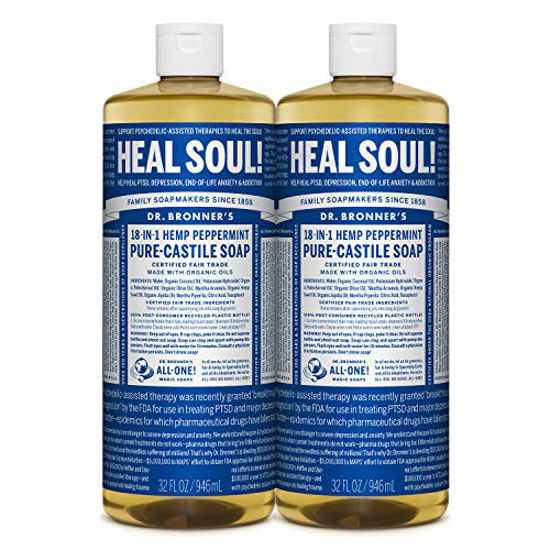 Picture of Dr. Bronners - Pure-Castile Liquid Soap (Peppermint, 32 ounce, 2-Pack) - Made with Organic Oils, 18-in-1 Uses: Face, Body, Hair, Laundry, Pets and Dishes, Concentrated, Vegan, Non-GMO