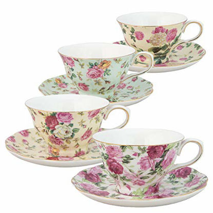 Picture of Gracie China by Coastline Imports Rose Chintz 8-Ounce Porcelain Tea Cup and Saucer, Set of 4