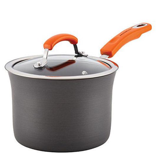 Picture of Rachael Ray Brights Hard Anodized Nonstick Sauce Pan/Saucepan with Lid, 3 Quart, Gray with orange handles