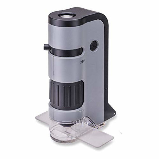 Picture of Carson MicroFlip 100x-250x LED Lighted Pocket Microscope with Flip Down Slide Base, Smartphone Adapter Clip, and UV Flashlight