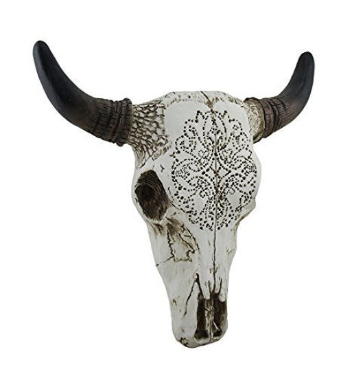 Picture of Zeckos Tribal Design Carved White Bull Skull Wall Hanging
