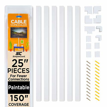 Picture of Simple Cord Cable Concealer On-Wall Cord Cover Raceway Kit - Cable Management System to Hide Cables, Cords, or Wires - Cord Organizer for Wall Mounted TVs and Computers at Home or in The Office