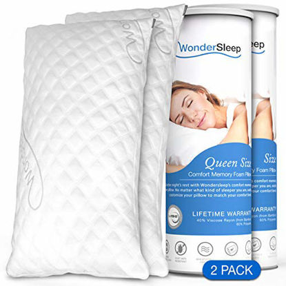 Picture of WonderSleep Premium Adjustable Loft [Queen Size 2-Pack] - Shredded Hypoallergenic Memory Foam for Home & Hotel Collection + Washable Removable Cooling Bamboo Derived Rayon Cover - 2 Pack Queen