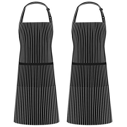 Picture of Syntus 2 Pack Adjustable Bib Apron Thicker Waterdrop Resistant with 2 Pockets Cooking Kitchen Aprons for Women Men Chef, Pinstripe Black White