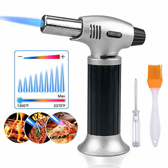 Picture of Culinary Blow Torch, Tintec Chef Cooking Torch Lighter, Butane Refillable, Flame Adjustable (MAX 2500°F) with Safety Lock for Cooking, BBQ, Baking, Brulee, Creme, DIY Soldering & more (Aluminum alloy)