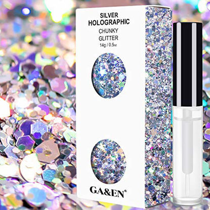 Picture of Silver Holographic Chunky Cosmetic Glitter Body Hair Face Eye Nail for Festival Carnival Concert Party Beauty Rave Accessories Different Sizes&Shapes 15g + Free Quick Dry Primer Glue Gel(5ml)