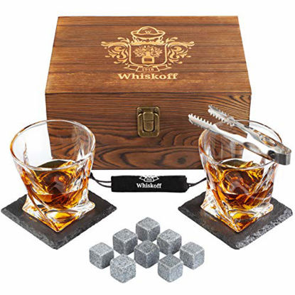 Picture of Whiskey Glass Set of 2 - Bourbon Whiskey Stones Gift Set - Rocks Whisky Chilling Stones - Scotch Glassess Gift in Wooden Box - Wisky Stones Set - Burbon Gifts for Men Dad for Birthday Fathers Day