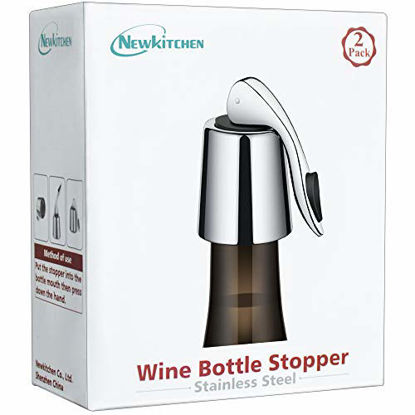 Picture of 2 PACKS of Wine Bottle Stopper, NEWKITCHEN Stainless Steel Wine Bottle Plug with Silicone, Reusable Silicone Beverage Bottle Sealer, Wine Saver to Keep Wine Fresh, Best Gift Accessories