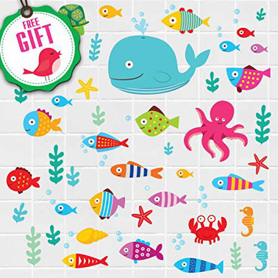 Picture of Ocean Fish Wall Decals - Sea Whale Turtle Tropical Creatures Bathroom Stickers - Cartoon Decorative Bathroom Wall Decal for Kids [>50 Art Decals] with Free Gift!