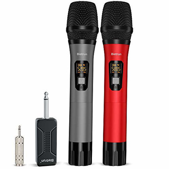 Picture of Wireless Microphone, UHF Wireless Dual Handheld Dynamic Mic System Set with Rechargeable Receiver, 160ft Range, 6.35mm(1/4'') Plug, for Karaoke, Voice Amplifier, PA System, Singing Machine, Church