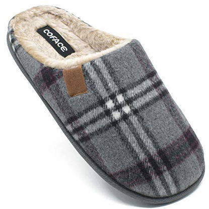 Picture of COFACE Mens Grey Flano Plaid Cozy Memory Foam Scuff Slippers Slip On Warm House Shoes Indoor/Outdoor with Best Arch Surpport Size 11