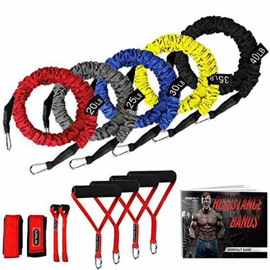 Picture of Resistance Bands, 15 Pieces Exercise Elastic Bands Set, 20lbs to 40lbs Resistance Tubes with Heavy Duty Protective Nylon Sleeves Anti-Snap for Fitness SUPALAK