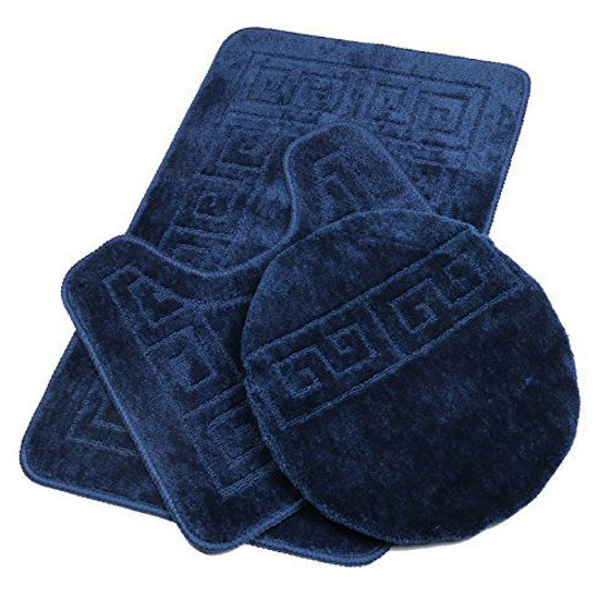 Picture of Pauwer Bath Rug Sets 3 Piece for Bathroom Non Slip Bath Mat Set Washable Bath Rug Set Pattern 28.4"x17.7"/Contour Mat 17.7"x17.7"/ Lid Cover (Navy)