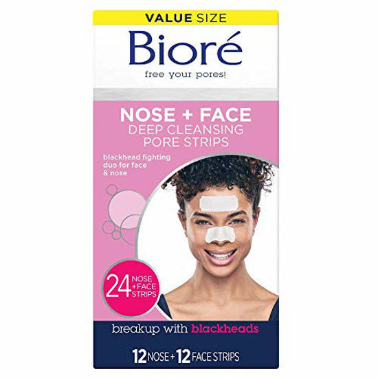 Picture of Bioré Nose+Face, Deep Cleansing Pore Strips, 12 Nose + 12 Face Strips for Chin or Forehead, with Instant Blackhead Removal and Pore Unclogging, 24 Count Value Size, Oil-free, Non-Comedogenic Use