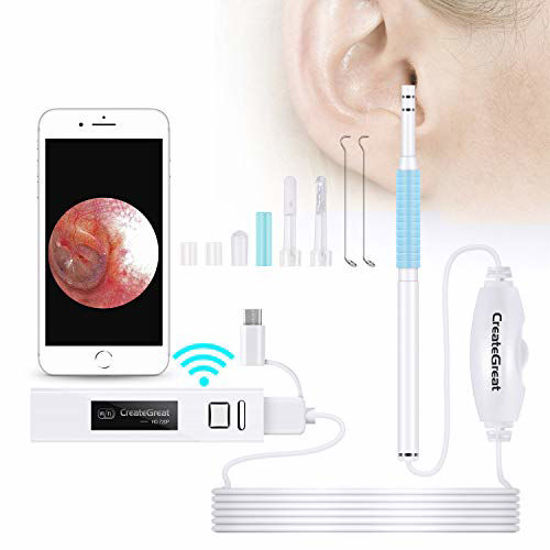 Picture of Ear Cleaning Endoscope,WiFi 3 in 1 Borescope Inspection Ear Wax Remover Tool 1.3Megapixels HD Waterproof Camera with 6 Adjustable LED,Compatible for IOS Iphone Ipad Mac OTG Android Micro USB PC(White)