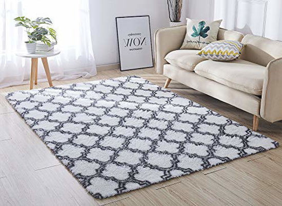 Picture of ACTCUT Super Soft Indoor Modern Shag Area Silky Smooth Rugs Fluffy Anti-Skid Shaggy Area Rug Dining Living Room Carpet Comfy Bedroom Floor 4- Feet by 5- Feet (WhiteTrellis)