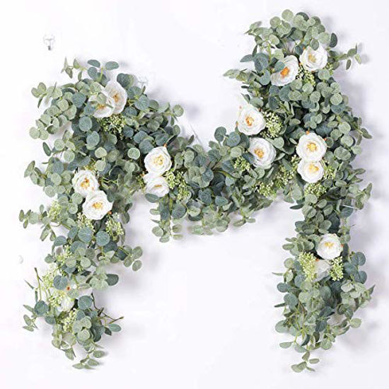 Picture of PARTY JOY Artificial Eucalyptus Garland with Champagne Roses Greenery Garland Eucalyptus Leaves Wedding Backdrop Wall Decor (Eucalyptus Garland with White Roses)