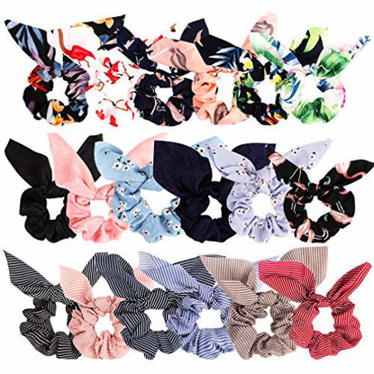 Picture of Bow Scrunchies For Hair, 18 Pcs Chiffon Satin Scrunchies Silk with Bow Scarf, Solid Stripe Flower Color Bow Scrunchies, Ponytail Holder with Tail, Rabbit Bunny Ear BowKnot Hair Accessories