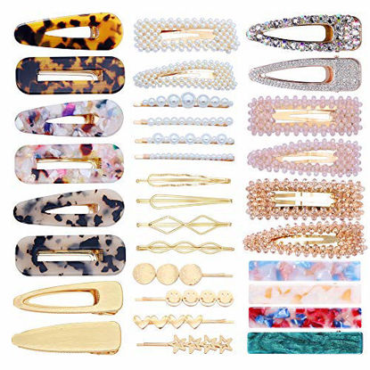Picture of 32 Pcs Pearl Hair Clip Pearl Hair Pins Acrylic Resin Hair Barrettes Geometric Bobby Hair Pins Metal Gold Hairpin Hair Styling Jewelry Hair Clamps Hair Accessories Women