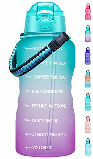 Picture of Fidus Large 1 Gallon Motivational Water Bottle with Paracord Handle & Removable Straw - BPA Free Leakproof Water Jug with Time Marker to Ensure You Drink Enough Water Throughout the Day-Green/Purple