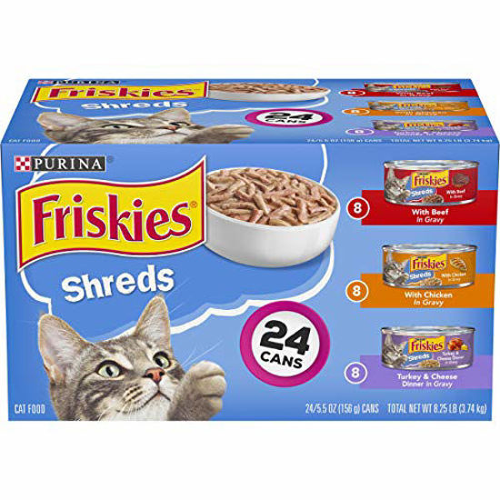 Picture of Purina Friskies Gravy Wet Cat Food Variety Pack, Shreds Beef, Chicken and Turkey & Cheese Dinner - (24) 5.5 oz. Cans (50000579198)