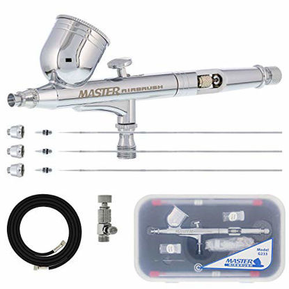 Picture of Master Airbrush Master Performance G233 Pro Set with 3 Nozzle Sets (0.2, 0.3 & 0.5mm Needles, Fluid Tips and Air Caps) and Air Hose - Dual-Action Gravity Feed Airbrush with 1/3 oz Cup, Cutaway Handle