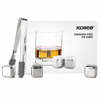 Picture of Kollea Stainless Steel Chilling Cubes Reusable Ice Cube Whiskey Stones for Drinks with Ice Tongs and Freezer Storage Tray for Whiskey (6 Pack)