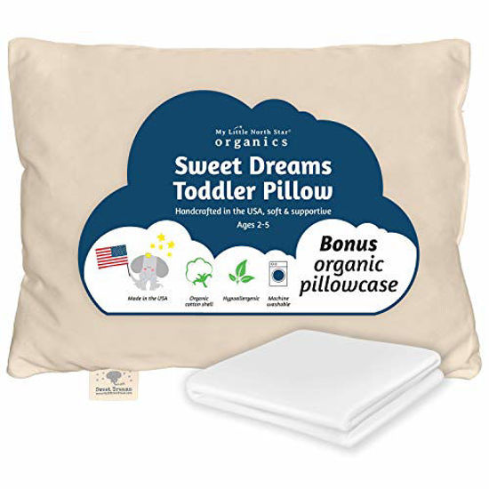 Picture of Organic Toddler Pillow & Pillowcase, Pillow Made in USA, 13X18, Soft, Hypoallergenic, Safe, Sulfate & Cruelty free, Machine Washable. Ideal for travel & daycare