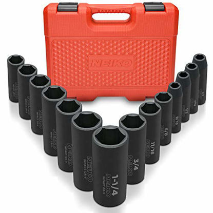 Picture of Neiko 02476A 1/2" Drive Deep Impact Socket Set, 14 Piece | 6 Point Standard SAE Sizes (3/8-Inch to 1-1/14") | Cr-V Steel