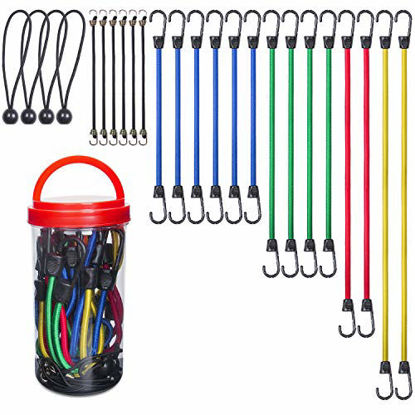 Picture of Best Choice 24-Piece Premium Bungee Cord Assortment in Storage Jar - Includes 10, 18, 24, 32, 40 Bungee Cords and 8 Canopy/Tarp Ball Ties