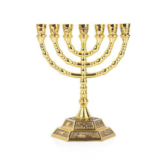 Picture of 12 Tribes of Israel Menorah, Jerusalem Temple 7 Branch Jewish Candle Holder (8 Inches, Gold)