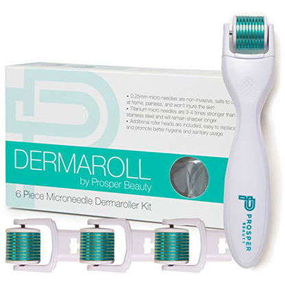 Picture of Derma Roller Microneedle 6 Piece Kit [DERMAROLL by Prosper Beauty] Face Roller with 4 Replaceable Heads Exfoliation Microdermabrasion Micro Derma Skin Care Tool Dermaplaning Dermapen Microneedling