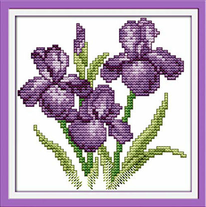 Picture of Printed Cross Stitch Kits 11CT 8X8 inch 100% Cotton Holiday Gift DIY Embroidery Starter Kits Easy Patterns Embroidery for Girls Crafts DMC Stamped Cross-Stitch Supplies Needlework Violet Flowers