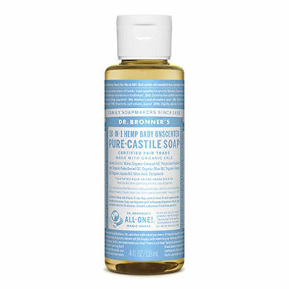 Picture of Dr. Bronners - Pure-Castile Liquid Soap (Baby Unscented, 4 ounce) - Made with Organic Oils, 18-in-1 Uses: Face, Hair, Laundry and Dishes, For Sensitive Skin and Babies, No Added Fragrance, Vegan