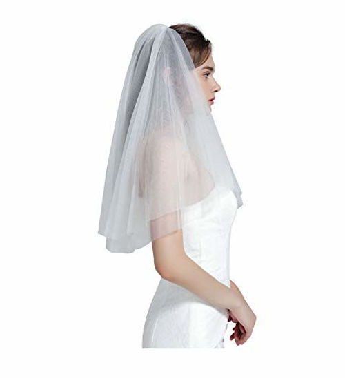 Picture of Wedding Bridal Veil with Comb 2 Tier Cut Edge Fingertip Length 35" Ivory