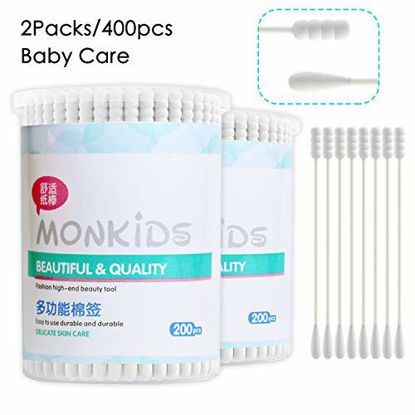 Picture of 400pcs Organic Cotton Swabs for Infant Baby/kid/Adult, Round&Spiral Head Qtip for Baby Ear Nose Clean, 100% Cotton Double Tipped Paper Sticks Multipurpose Cotton Buds