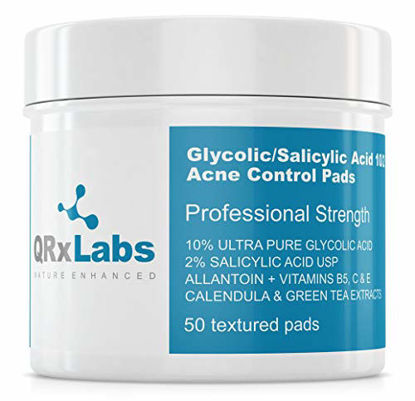 Picture of Glycolic/Salicylic Acid 10/2 Acne Control Pads with 10% Ultra Pure Glycolic Acid + 2% Salicylic Acid, Allantoin, Vitamins B5, C & E, Calendula & Green Tea - Most Effective Acne Treatment - Clear Skin