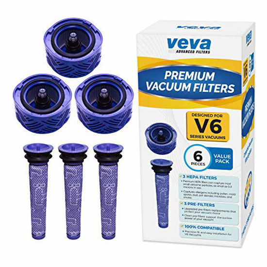 Picture of VEVA 6 Pack Premium Vacuum Filter Set with 3 Pre Filters and 3 HEPA Filters Compatible with Dyson V6 Absolute Vacuums, Part # 965661 & 966741
